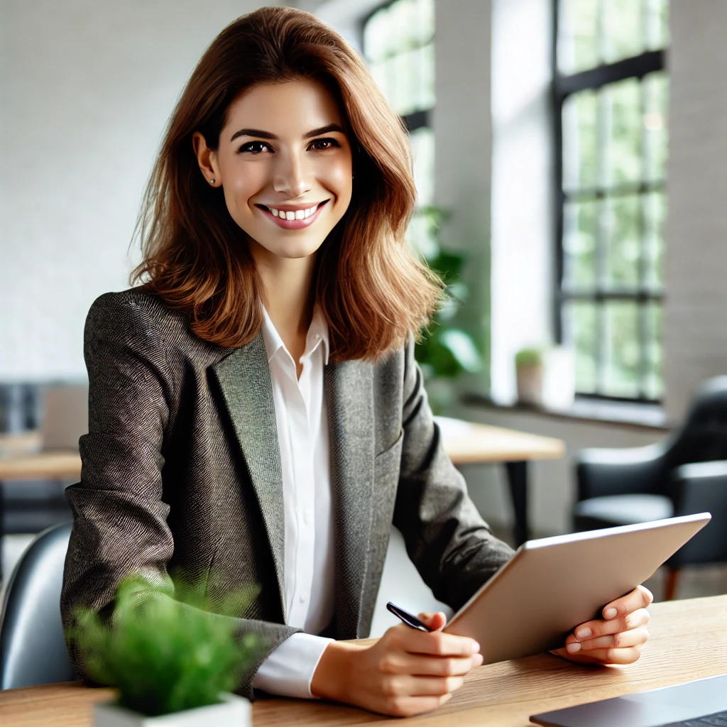 DALL·E 2024 09 20 17.04.34 A professionally dressed businesswoman with medium length brown hair smiling while holding a tablet at her desk in a modern bright office setting. T