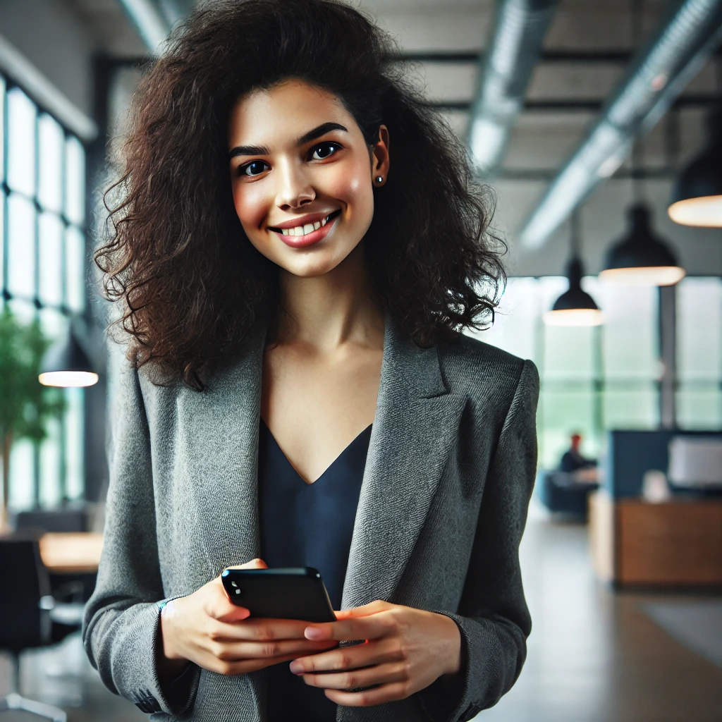 DALL·E 2024 09 20 17.04.49 A young professional woman in her late 20s with curly black hair smiling while standing in front of a large office window. She is dressed in a busine