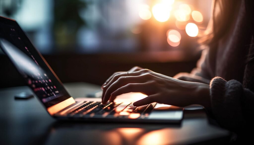 Hands typing on a laptop at night