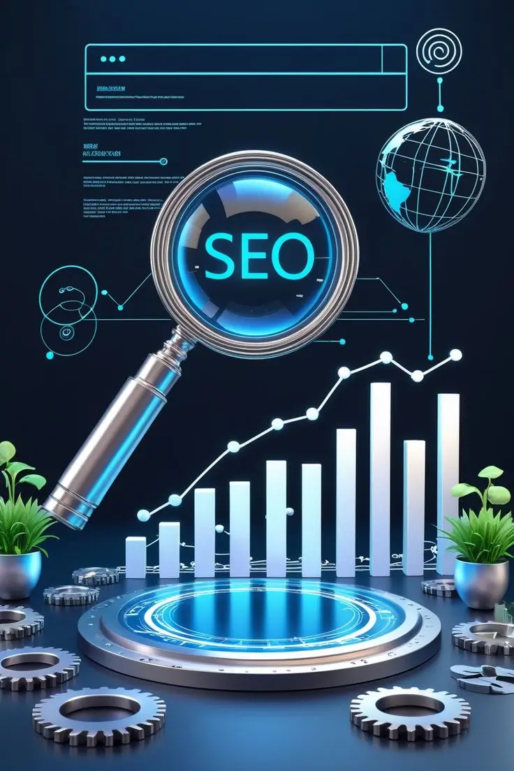 Magnifying glass over SEO text and charts for a technical SEO audit