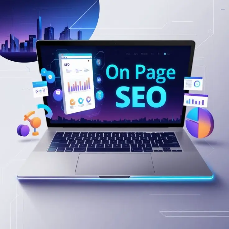 On-Page SEO Services Dubai illustration showing laptop screen with SEO tools by SEObyWAJII