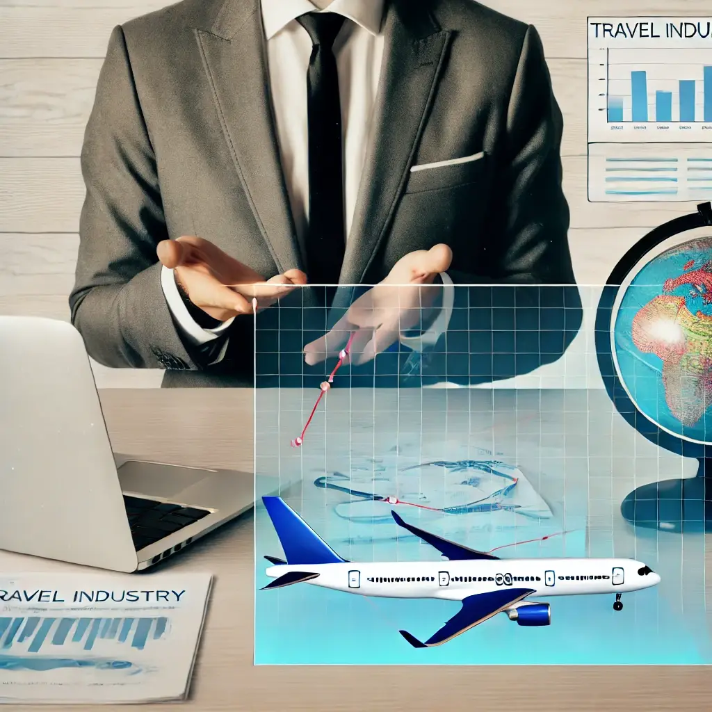 Businessman with travel icons representing travel marketing