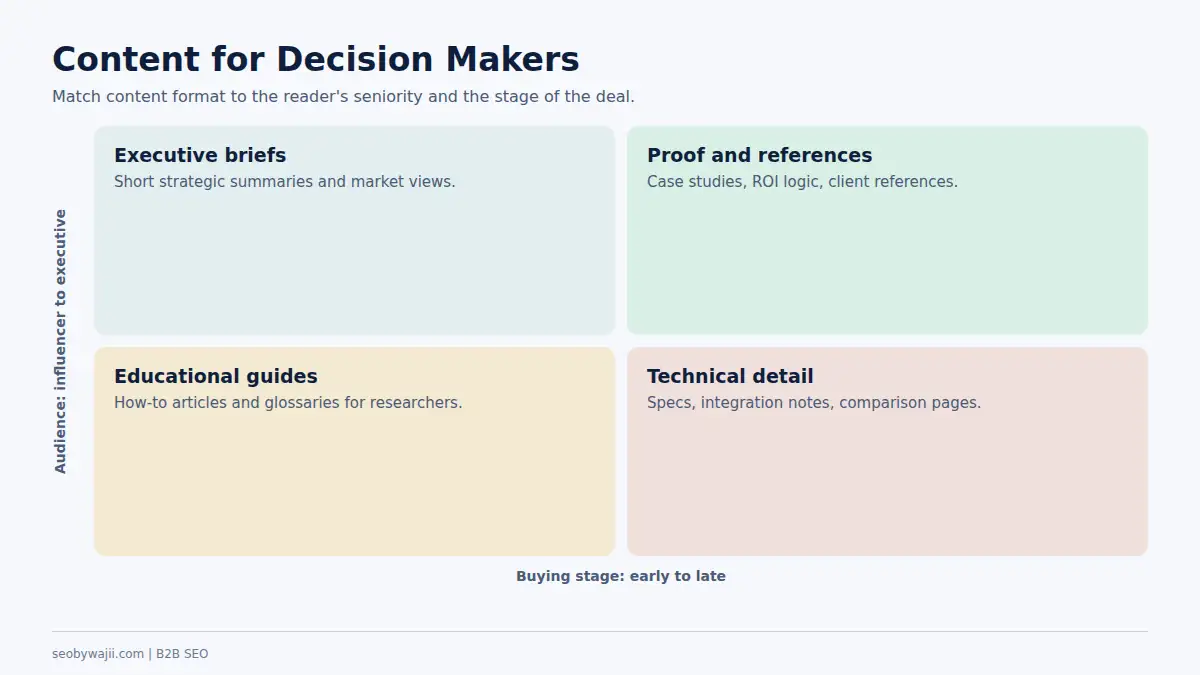 Matrix of content types for decision makers and influencers, supporting a B2B SEO Dubai content plan