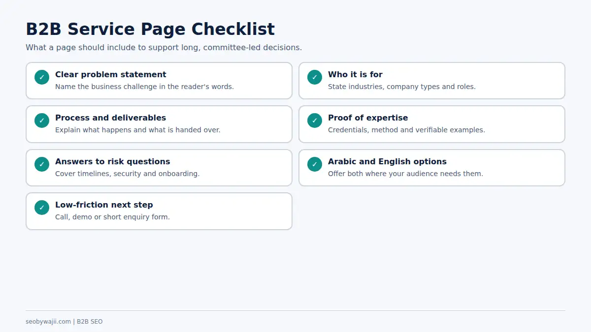 Checklist for B2B service pages that support a B2B SEO Dubai strategy and committee-led buying decisions