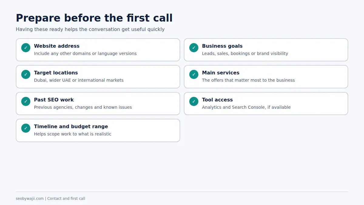 Checklist of what to prepare before you contact an SEO consultant in Dubai for a first discovery call