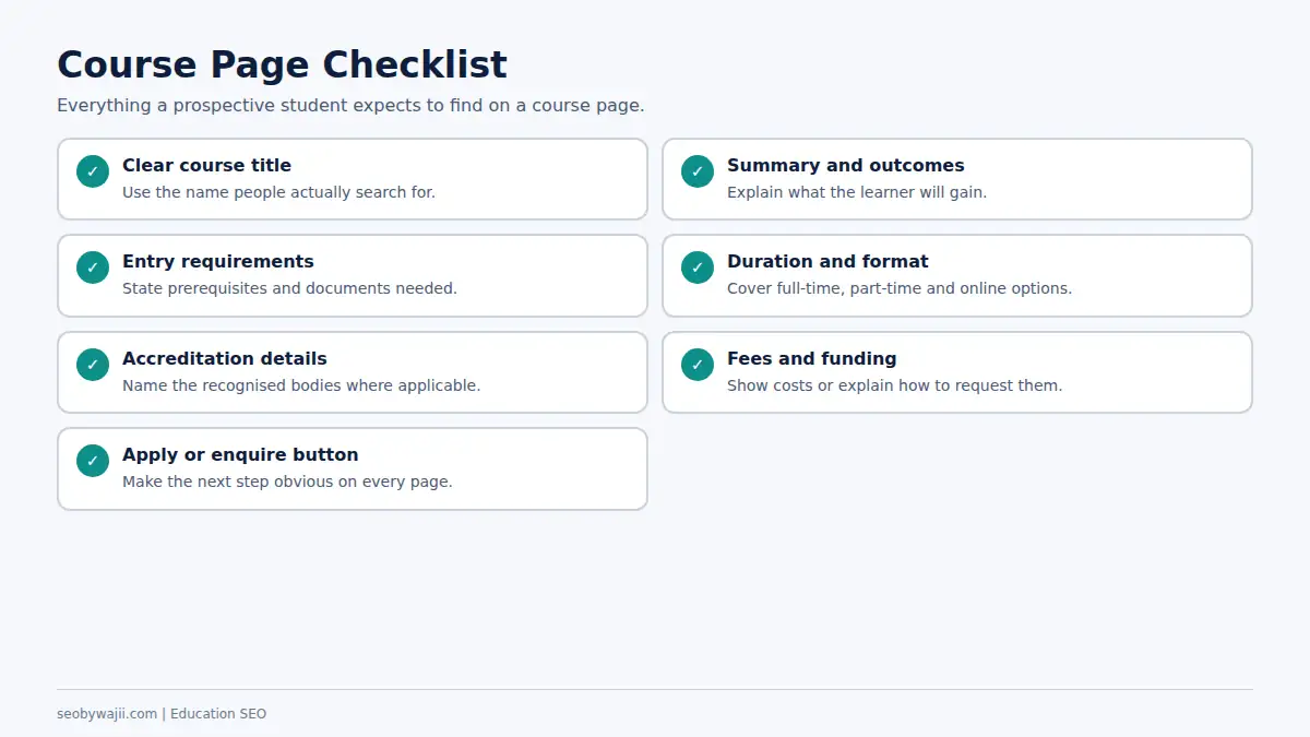 Checklist of what a course page needs, supporting education SEO Dubai for universities and training providers