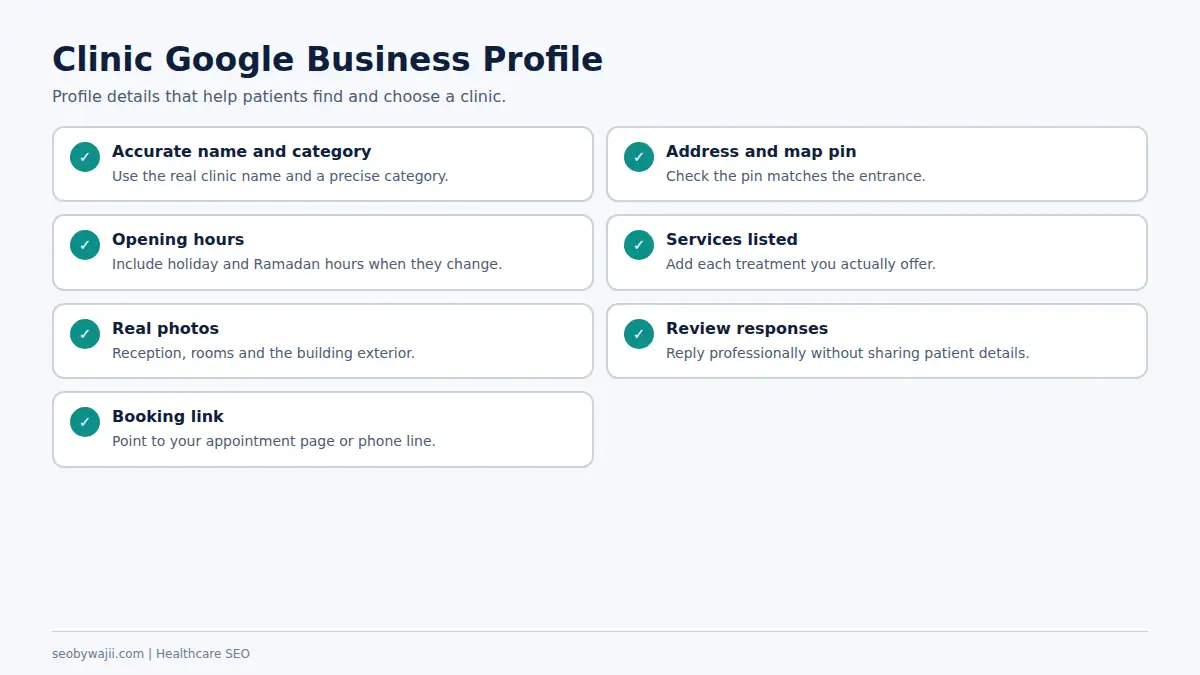 Checklist for a clinic Google Business Profile, a core part of healthcare SEO Dubai local visibility