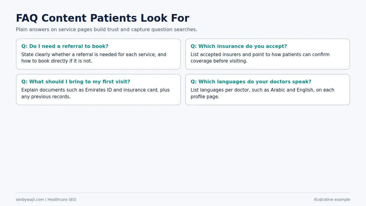 Examples of patient FAQ content for clinic pages that support healthcare SEO Dubai and appointment enquiries