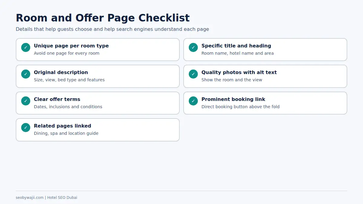 Checklist for room and offer pages in hotel SEO Dubai covering descriptions, images, rates and booking links
