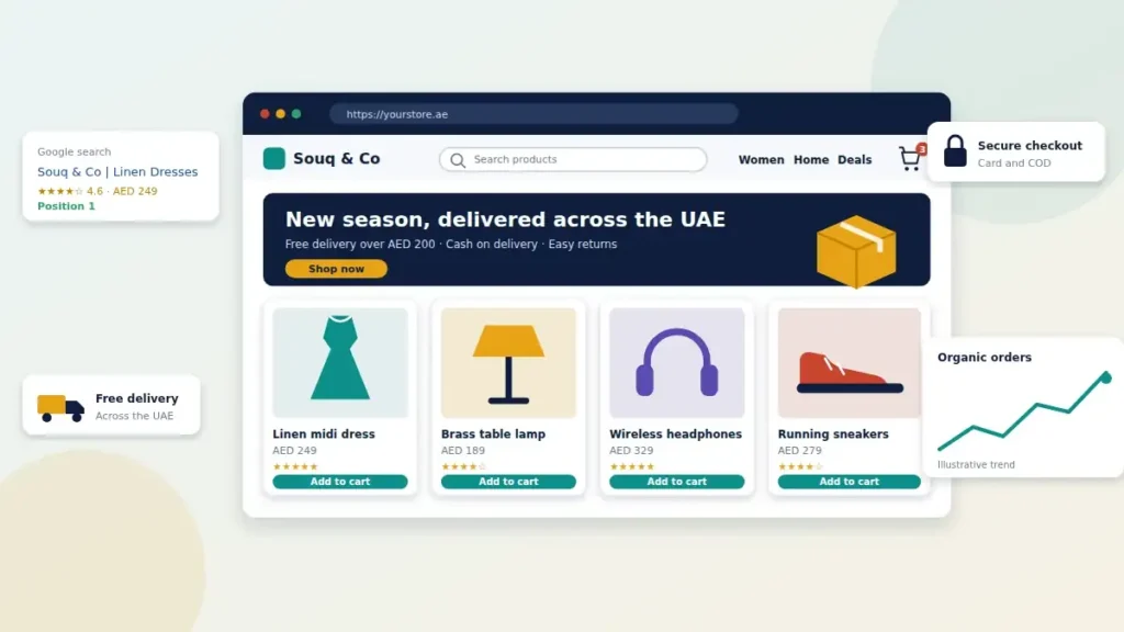 E-commerce SEO services Dubai illustration of an online store with product grid, cart and Google ranking