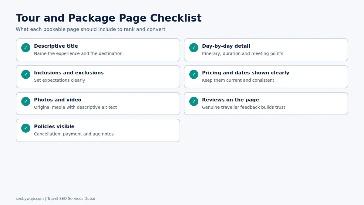Checklist for tour and package pages covering content, pricing clarity and trust for travel SEO services Dubai