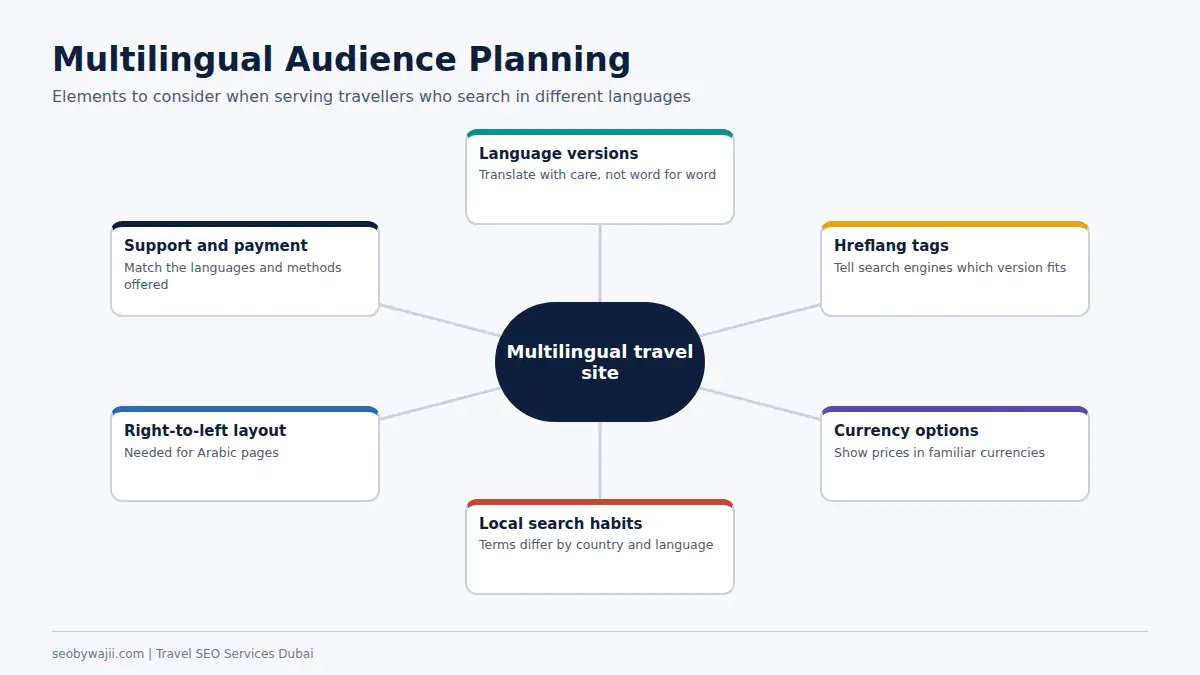 Hub diagram of multilingual planning for travel SEO services Dubai covering languages, hreflang, currency and support