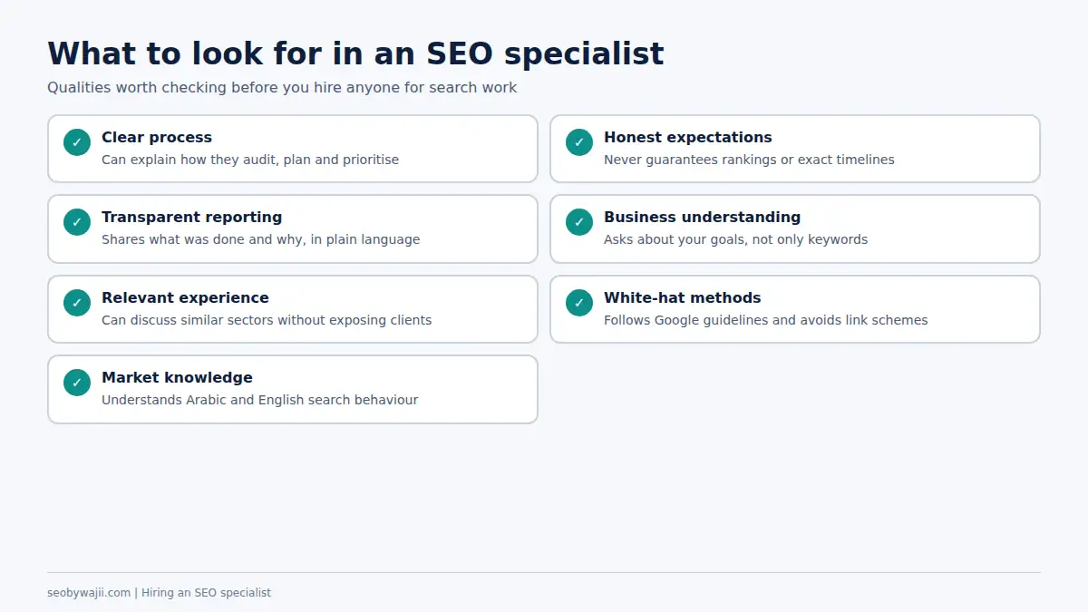 Checklist of what to look for when choosing an seo specialist in Dubai, from process clarity to reporting